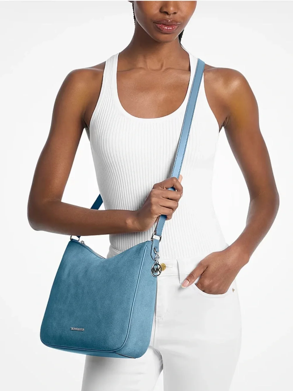 Michael Kors Blue Denim Suede Shoulder Bag with Matching Wallet Set